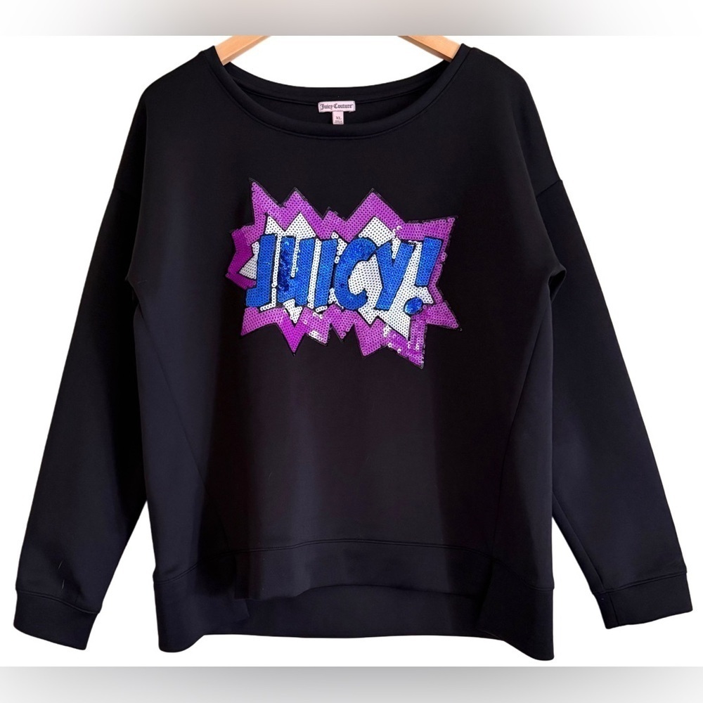 JUICY COUTURE Festive Sequins Bling Logo Colorful Trendy Scuba Sweatshirt Sz XL